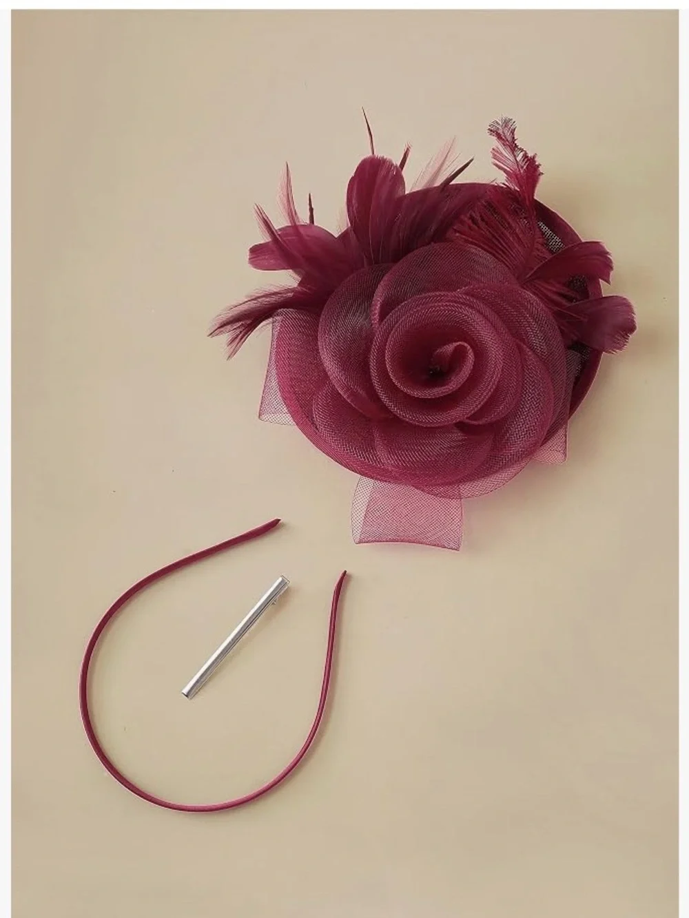 Kentucky Derby Hat Fascinator | Sinamay Floral Feather Cocktail Headpiece Wine